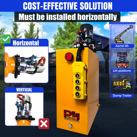 KTI 12vdc Single/Double Hydraulic Power Unit with buttons and a prominent red button, ideal for versatile hydraulic applications, including single-acting dump trailers and double-acting jacks.