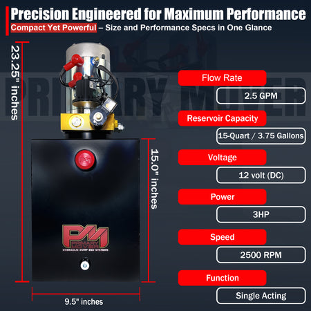 Primary Mover 12V Single-Acting Hydraulic Pump featuring a steel reservoir and high-flow performance, ideal for heavy-duty applications like dump trailers and liftgates.