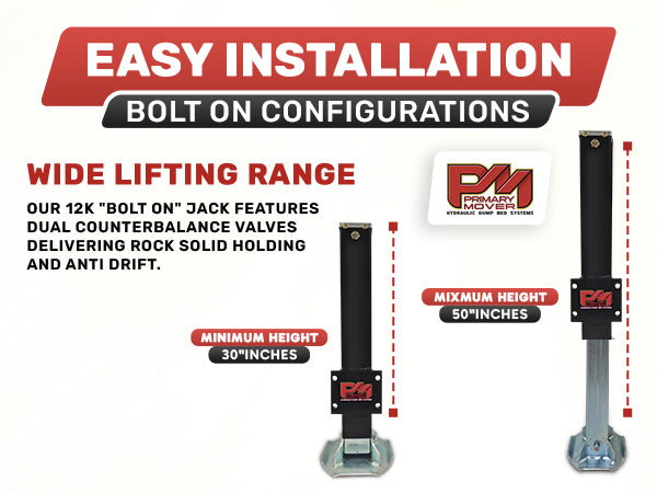 12K Single Hydraulic Trailer Jack Leg Kit with black watch-like design featuring a red logo, available in Weld On or Bolt On options.