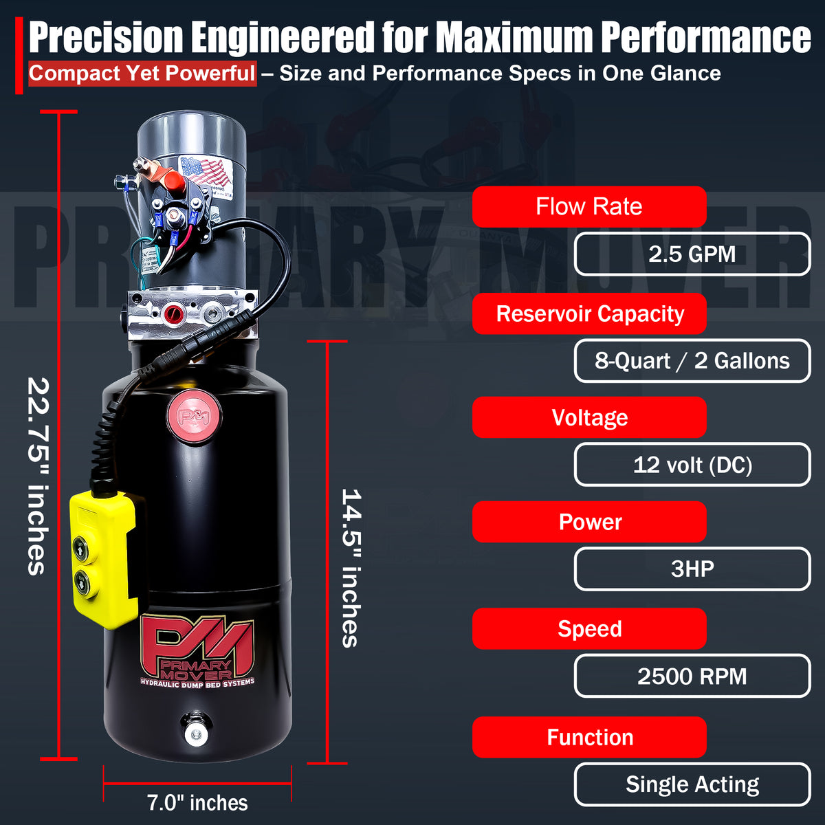 KTI 12V Single-Acting Hydraulic Pump with Steel Reservoir, designed for dump bed systems, featuring a compact, durable build, and efficient single-acting functionality.