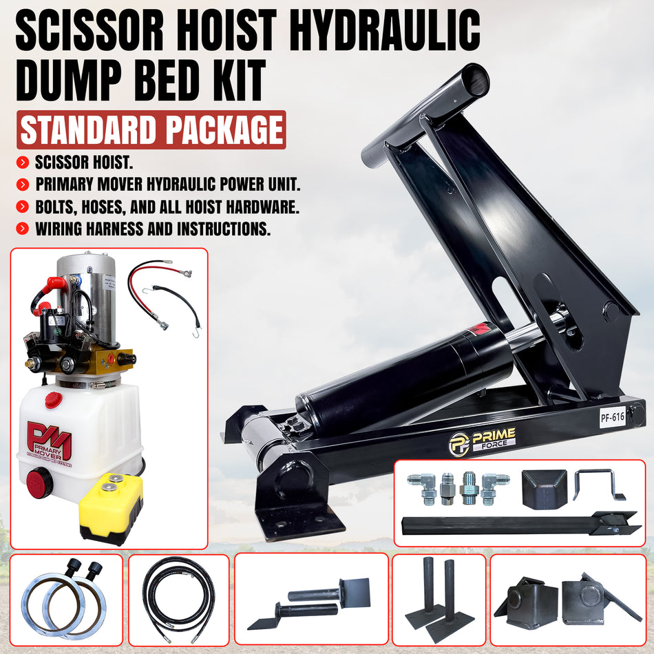 **Title:** 11 Ton Hydraulic Scissor Hoist Kit PF-616-6

**Meta Description:** Discover the 11 Ton Hydraulic Scissor Hoist Kit PF-616-6, ideal for 12-16' dump bodies. Includes hoist assembly, hydraulic power unit, and essential hardware.

**Alt Text:** Scissor hoist dump-bed kit with hoist assembly, hydraulic power unit, hoses, fittings, mounting hardware, and instruction sheet for 12-16' dump bodies.