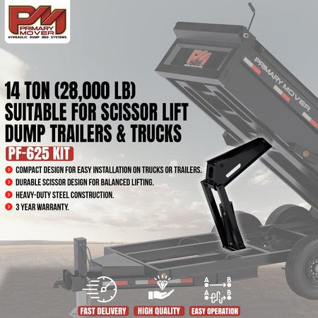 **Title:** 12 Ton HD Hydraulic Scissor Hoist Kit - Fits 16-20' Dump Body PF-625  

**Meta Description:** Discover the 12 Ton HD Hydraulic Scissor Hoist Kit for 16-20' dump bodies, featuring a 14-ton lifting capacity, easy installation, and a 3-year warranty.  

**Alt Text:** PF-625 scissor-lift kit elevates dump trailer bed, showcasing heavy-duty steel design, Primary Mover logo, and icons for fast delivery, high quality, and easy operation.