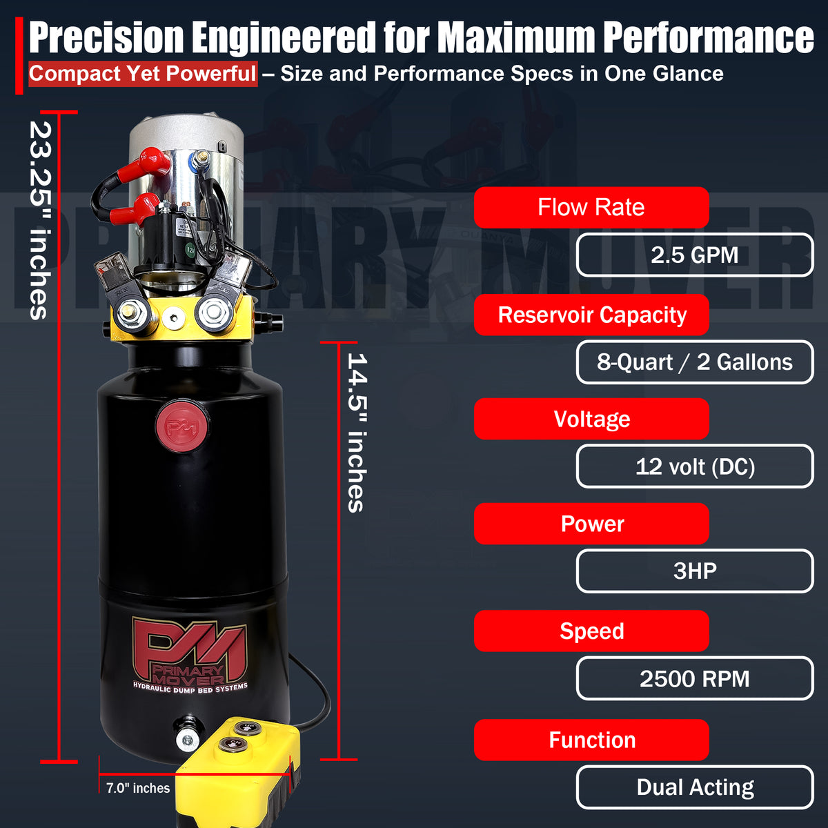 Primary Mover 12V Double-Acting Hydraulic Pump with black cylinder, red button, and steel reservoir; includes hand-held pendant and multiple reservoir sizes.