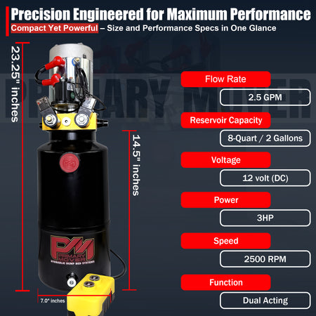 Primary Mover 12V Double-Acting Hydraulic Pump with black cylinder, red button, and steel reservoir; includes hand-held pendant and multiple reservoir sizes.
