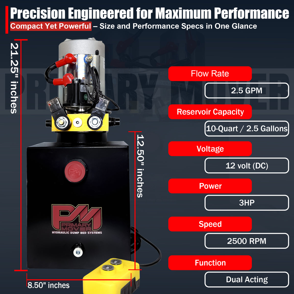 Primary Mover 12V Dual-Acting Hydraulic Pump with steel reservoir displayed, showcasing dual-acting capability and compact design, ideal for hydraulic dump bed systems.