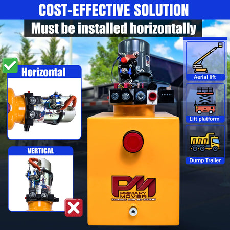 KTI 12vdc Single/Double Hydraulic Power Unit, featuring a yellow box with a red button, designed for versatile hydraulic applications in single-acting dump trailers.
