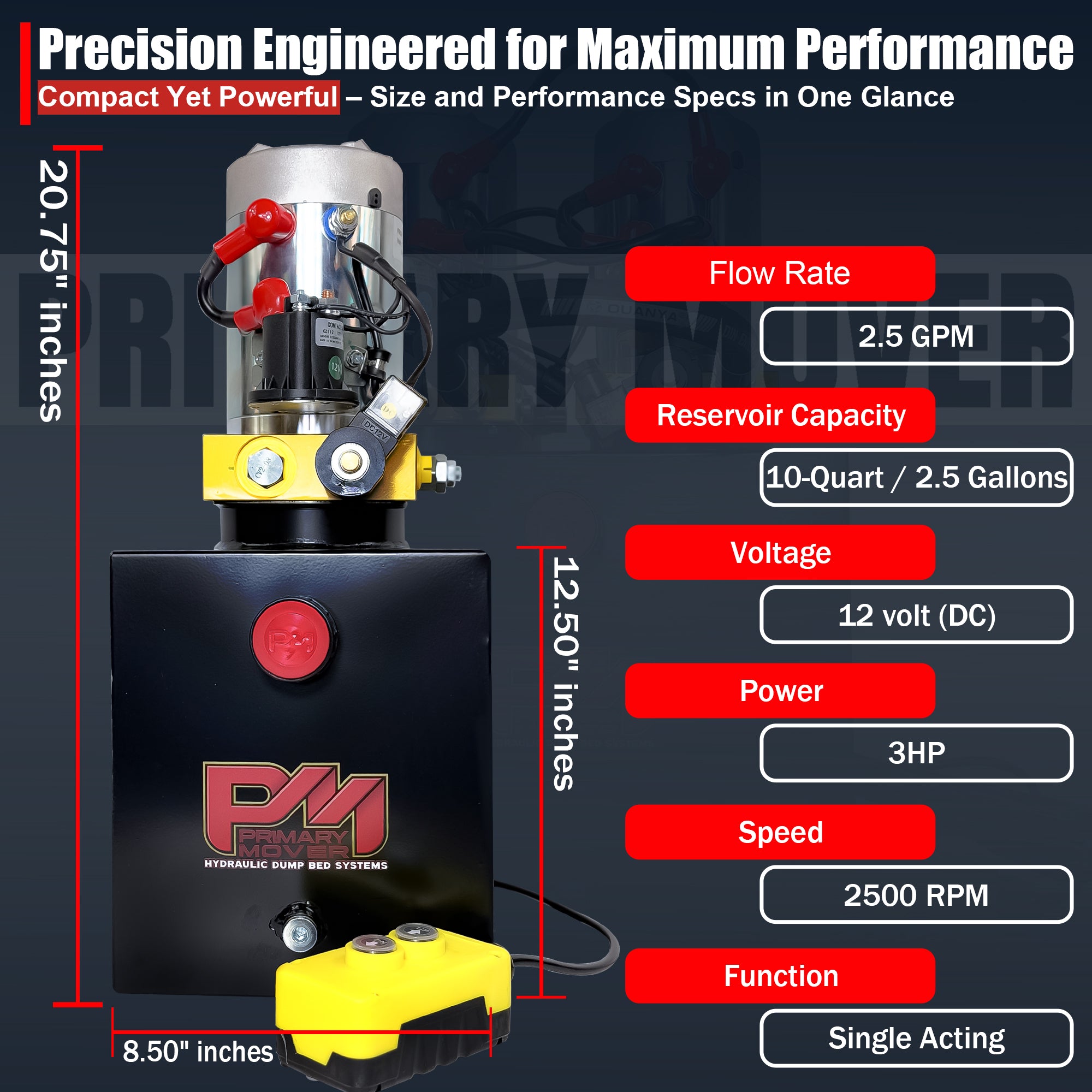 Primary Mover 12V Single-Acting Hydraulic Pump with steel reservoir, featuring a compact black and yellow design, suitable for heavy-duty hydraulic applications.