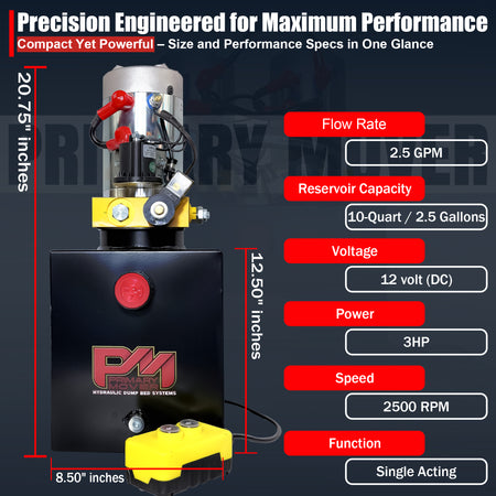 Primary Mover 12V Single-Acting Hydraulic Pump with steel reservoir, featuring a compact black and yellow design, suitable for heavy-duty hydraulic applications.