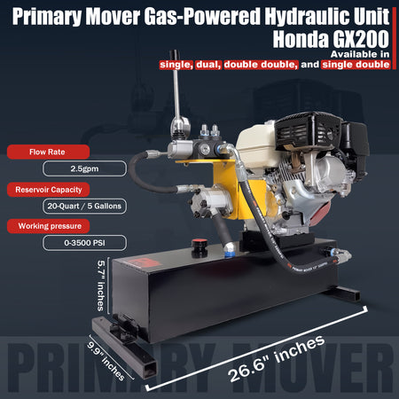 Primary Mover Double-Acting Gasoline Powered Hydraulic Pump | PF-GPU-5G features a Honda GX200 engine, 5-gallon tank, 2.5 GPM flow, and 3,500 PSI capacity.
