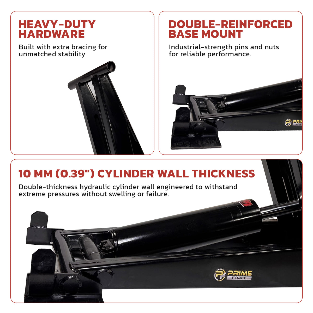 Three close-up images of Prime Force equipment showing hardware, a double-reinforced base mount, and a 10 mm thick hydraulic cylinder.