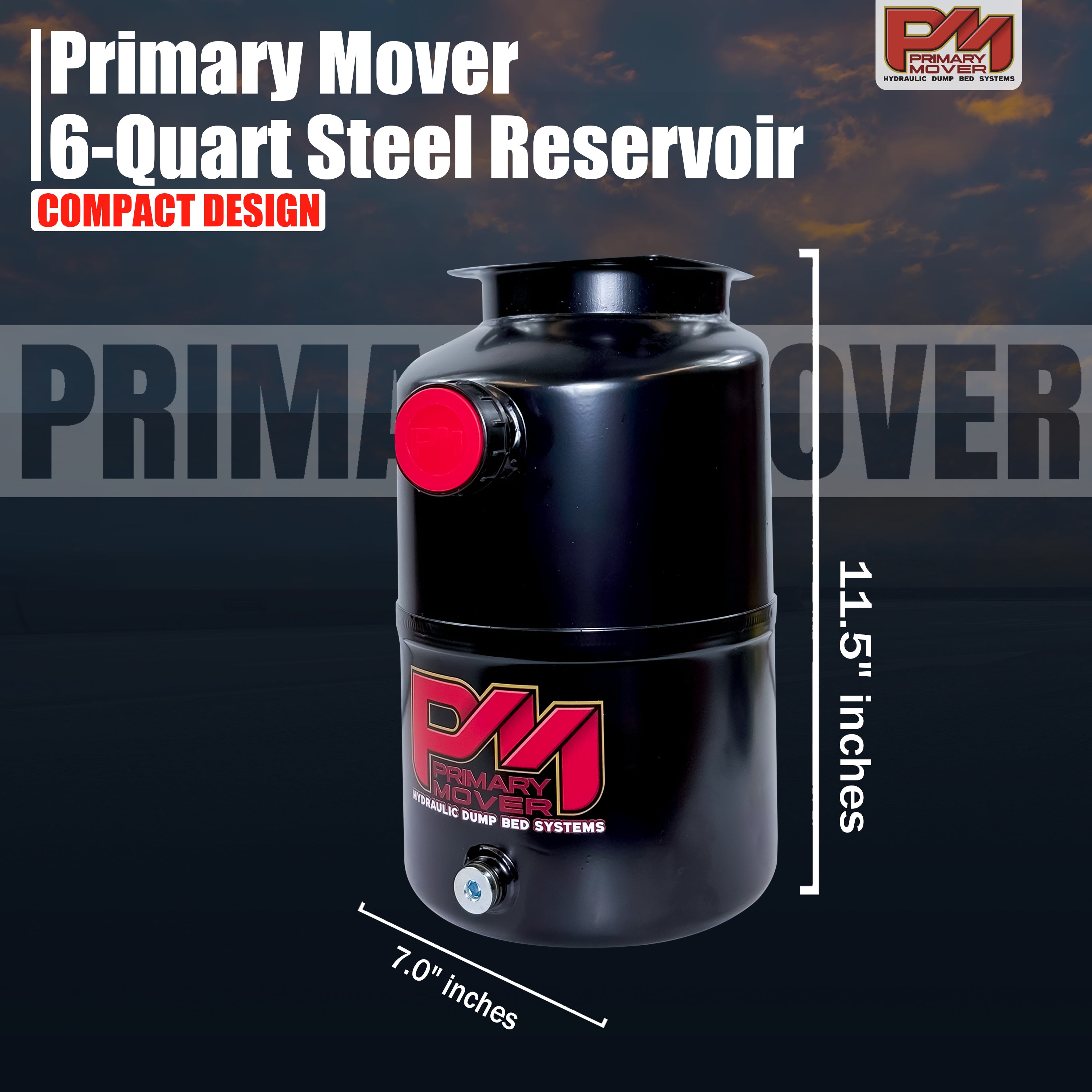 Close-up of the Hydraulic Power Unit Replacement Reservoir, a 6-quart round steel container for hydraulic pumps, featuring robust construction and precision fit.