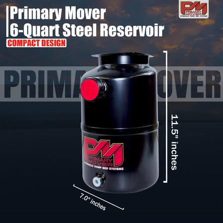 Close-up of the Hydraulic Power Unit Replacement Reservoir, a 6-quart round steel container for hydraulic pumps, featuring robust construction and precision fit.