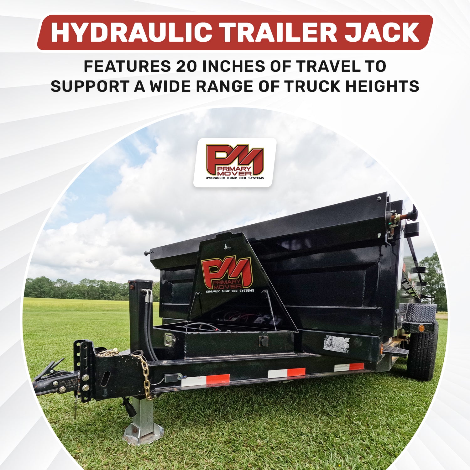 Close-up of the Primary Mover 12K Single Hydraulic Trailer Jack Leg Kit with visible wheel, highlighting the robust build suitable for weld or bolt-on installation.