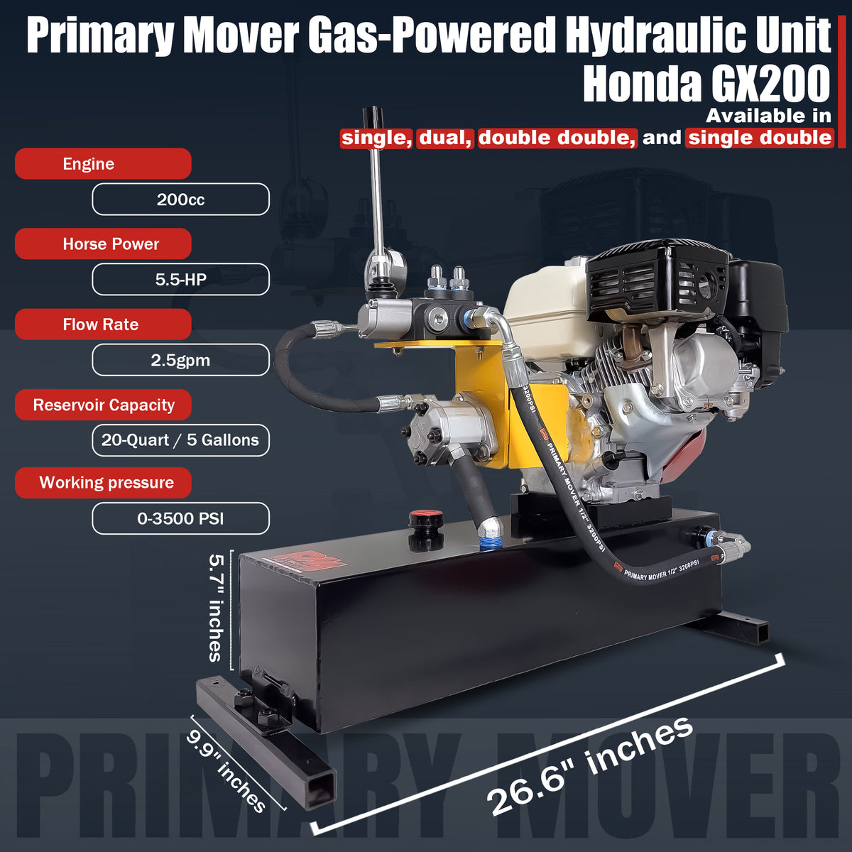 Primary Mover Gasoline-Powered Hydraulic Pump with Honda GX200 engine, featuring hydraulic pump, reservoir, control lever, and key specs call-outs. Ideal for high-demand applications.