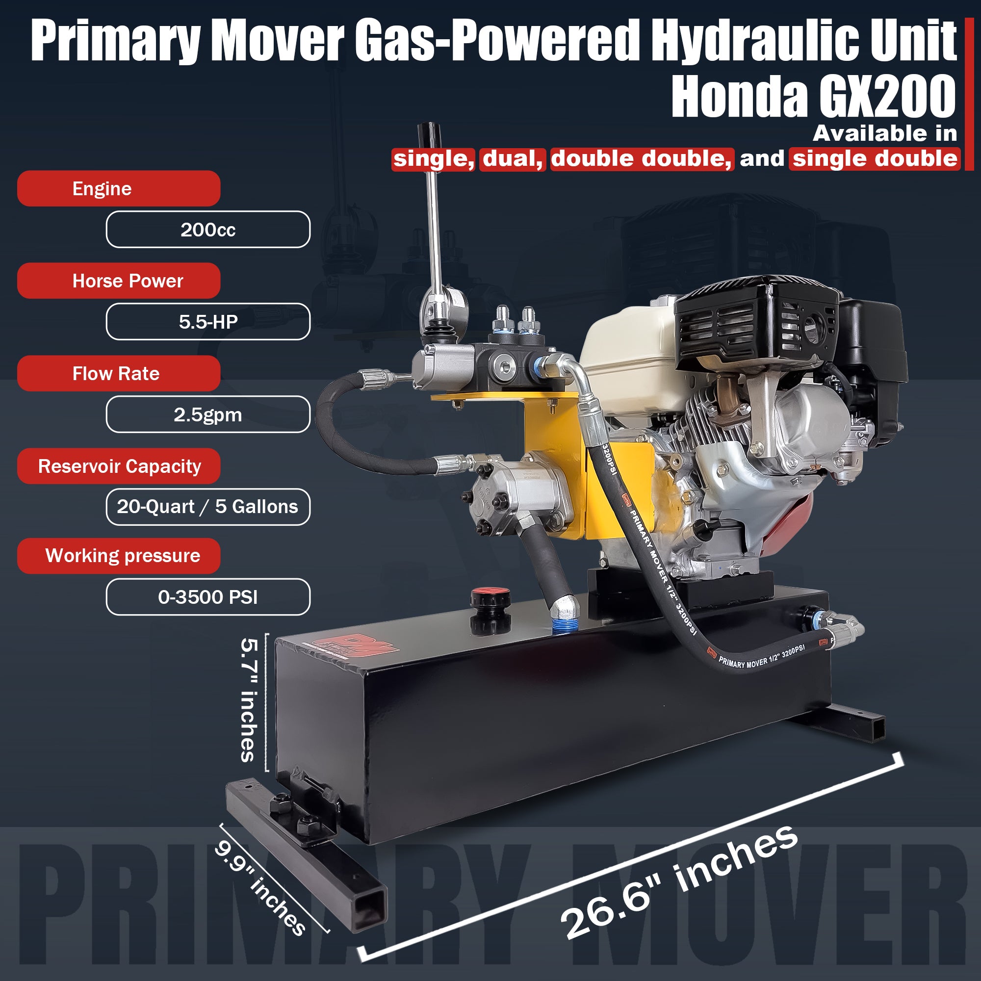 Primary Mover Gasoline-Powered Hydraulic Pump with Honda GX200 engine, featuring hydraulic pump, reservoir, control lever, and key specs call-outs. Ideal for high-demand applications.