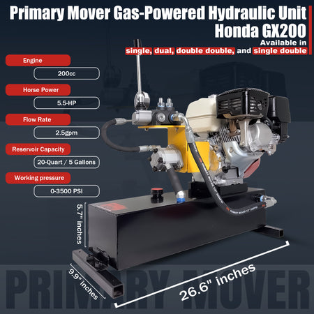 Primary Mover Gasoline-Powered Hydraulic Pump with Honda GX200 engine, featuring hydraulic pump, reservoir, control lever, and key specs call-outs. Ideal for high-demand applications.