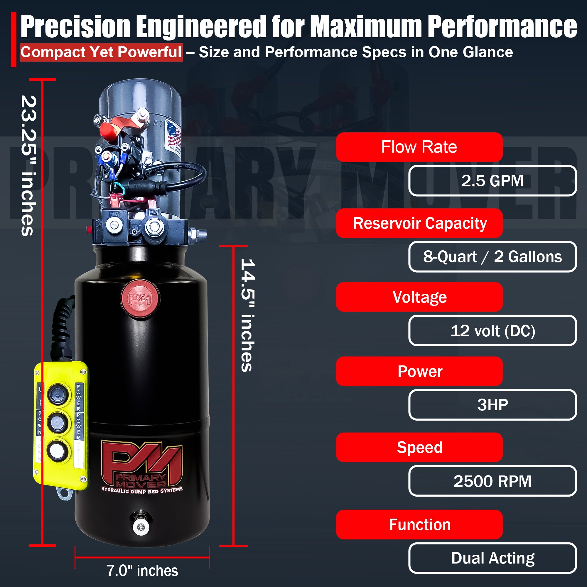 KTI 12V Double-Acting Hydraulic Pump with Steel Reservoir, designed for hydraulic dump systems, featuring dual-action functionality and compact design for efficient heavy-duty operation.