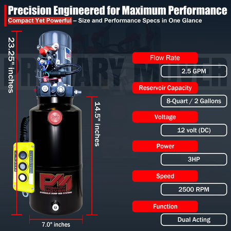 KTI 12V Double-Acting Hydraulic Pump with Steel Reservoir, designed for hydraulic dump systems, featuring dual-action functionality and compact design for efficient heavy-duty operation.