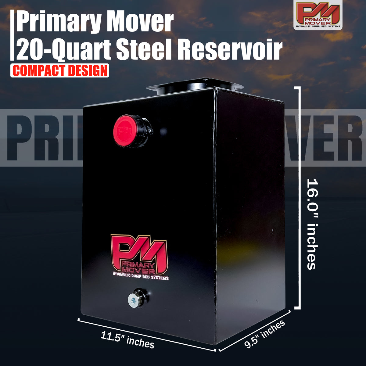 Hydraulic Power Unit Replacement Reservoir 20 Quart Steel, featuring a close-up of the logo, screw, and red cap, highlighting robust construction and precise fitment.