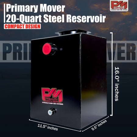 Hydraulic Power Unit Replacement Reservoir 20 Quart Steel, featuring a close-up of the logo, screw, and red cap, highlighting robust construction and precise fitment.