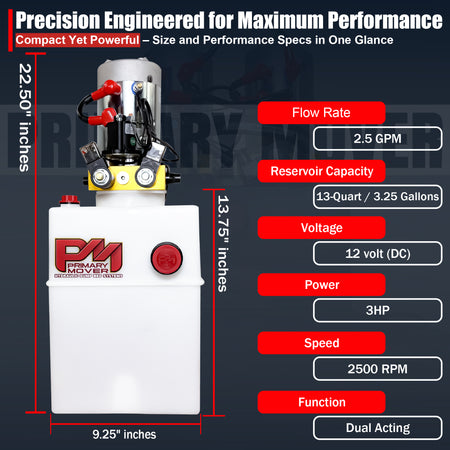 Primary Mover 12V Double-Acting Hydraulic Pump with Poly Reservoir, featuring dual-acting precision for dump bed systems. Includes a red button and logo.