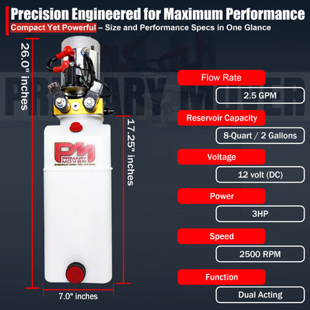 Primary Mover 12V Dual-Acting Hydraulic Pump with poly reservoir, featuring red and black lettering, ideal for efficient hydraulic dump bed operations.