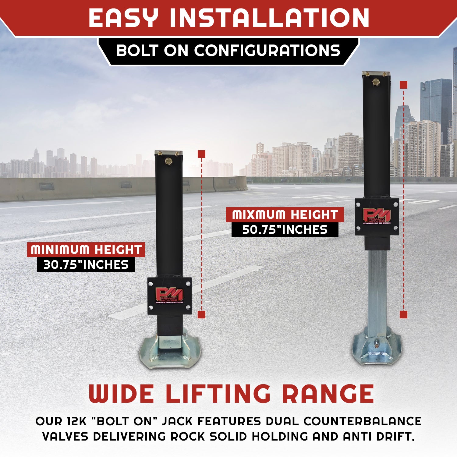 **Title**: 24K Double Hydraulic Trailer Jack Leg Kit - Bolt On

**Alt Text**: Product graphic of bolt-on trailer jack at 30.75 and 50.75 heights, highlighting easy installation and wide lifting range for heavy-duty trailers.

**Meta Description**: Discover the 24K Double Hydraulic Trailer Jack Leg Kit - Bolt On, featuring a 24,000-lb capacity, dual counterbalance valves, and easy installation for optimal towing performance.