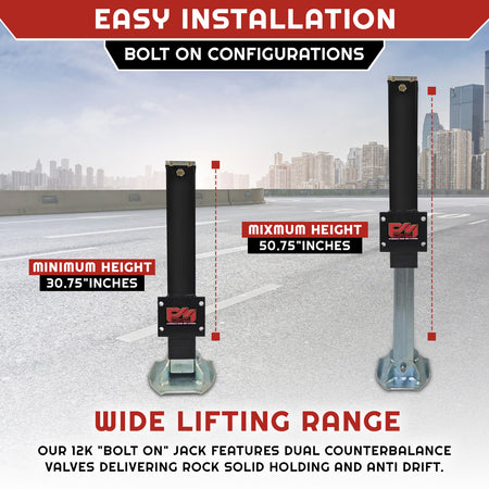 **Title**: 24K Double Hydraulic Trailer Jack Leg Kit - Bolt On

**Alt Text**: Product graphic of bolt-on trailer jack at 30.75 and 50.75 heights, highlighting easy installation and wide lifting range for heavy-duty trailers.

**Meta Description**: Discover the 24K Double Hydraulic Trailer Jack Leg Kit - Bolt On, featuring a 24,000-lb capacity, dual counterbalance valves, and easy installation for optimal towing performance.
