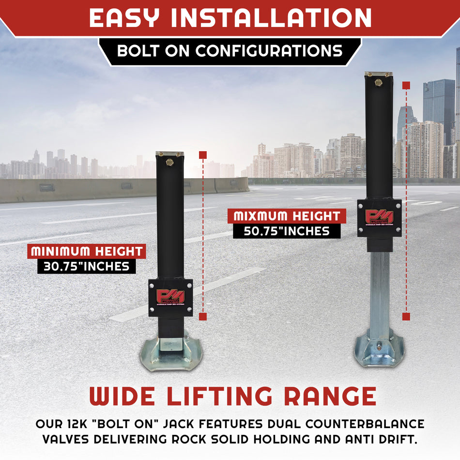 **Title**: 24K Double Hydraulic Trailer Jack Leg Kit - Bolt On

**Alt Text**: Product graphic of bolt-on trailer jack at 30.75 and 50.75 heights, highlighting easy installation and wide lifting range for heavy-duty trailers.

**Meta Description**: Discover the 24K Double Hydraulic Trailer Jack Leg Kit - Bolt On, featuring a 24,000-lb capacity, dual counterbalance valves, and easy installation for optimal towing performance.