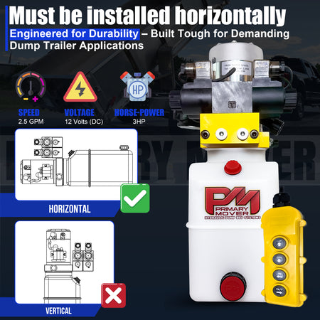 Primary Mover 12V Dual Double-Acting Hydraulic Dump Trailer Pump, compact design for versatile hydraulic actions in dump trailers and trucks, featuring robust construction and user-friendly controls.