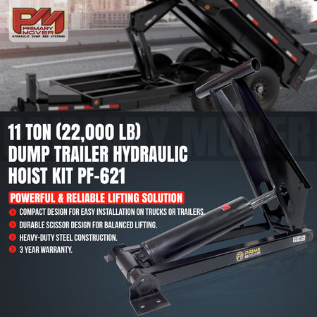 Close-up of the 12 Ton Hydraulic Scissor Hoist Kit logo, featuring the PF-621-6 design, enhancing stroke length and capacity for 16-18' dump trailers.
