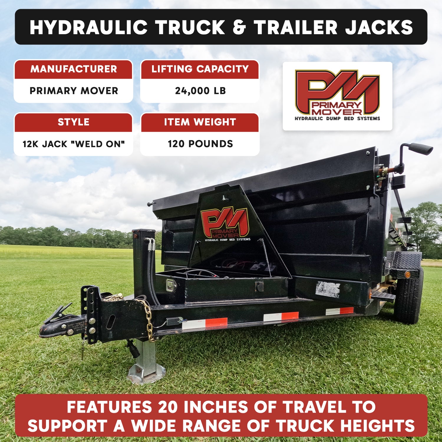 24K Double Hydraulic Trailer Jack Leg Kit Weld On or Bolt On, featuring dual jacks, outdoor use, visible text signage, enhancing towing with 24,000 lbs capacity.
