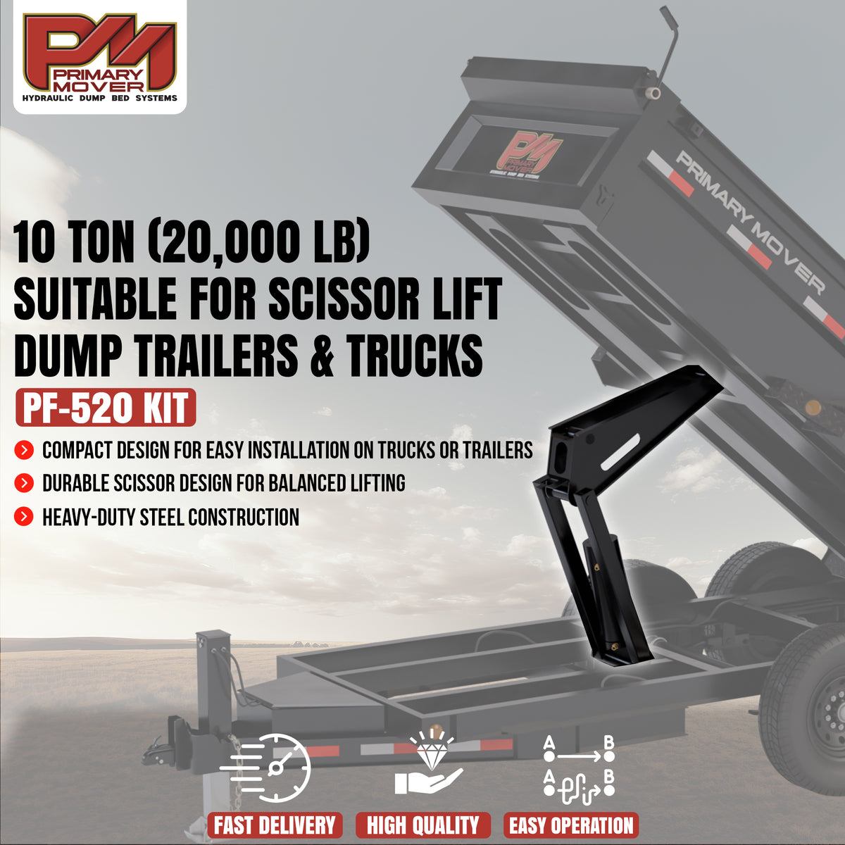 Primary Mover PF-520 hydraulic scissor lift kit for dump trailers and trucks.