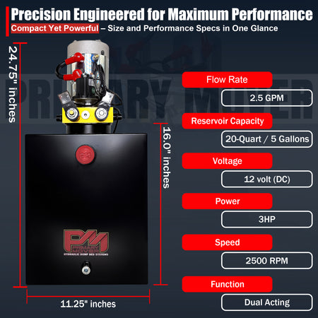 Primary Mover 12V Double-Acting Hydraulic Pump with steel reservoir, featuring dual-acting precision, designed for hydraulic dump bed systems, optimizing performance and reliability.