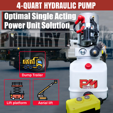 Primary Mover 12V Single-Acting Hydraulic Pump with Poly Reservoir, ideal for dump bed systems. High flow, 3200 PSI, 2.5 GPM, SAE #8 port, handheld pendant included.