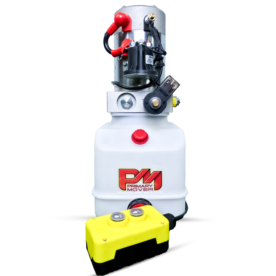 Primary Mover 12V Single-Acting Hydraulic Pump with Poly Reservoir, featuring red buttons and a yellow battery, optimized for hydraulic dump bed systems.