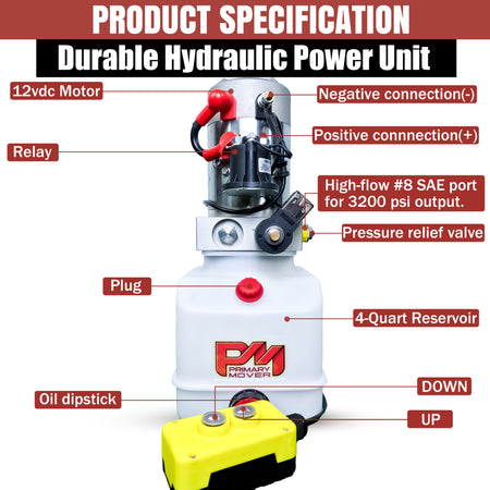 Primary Mover 12V Single-Acting Hydraulic Pump - Poly Reservoir: A compact, corrosion-resistant hydraulic power unit with a translucent reservoir, SAE #8 port, and handheld pendant for efficient operation.