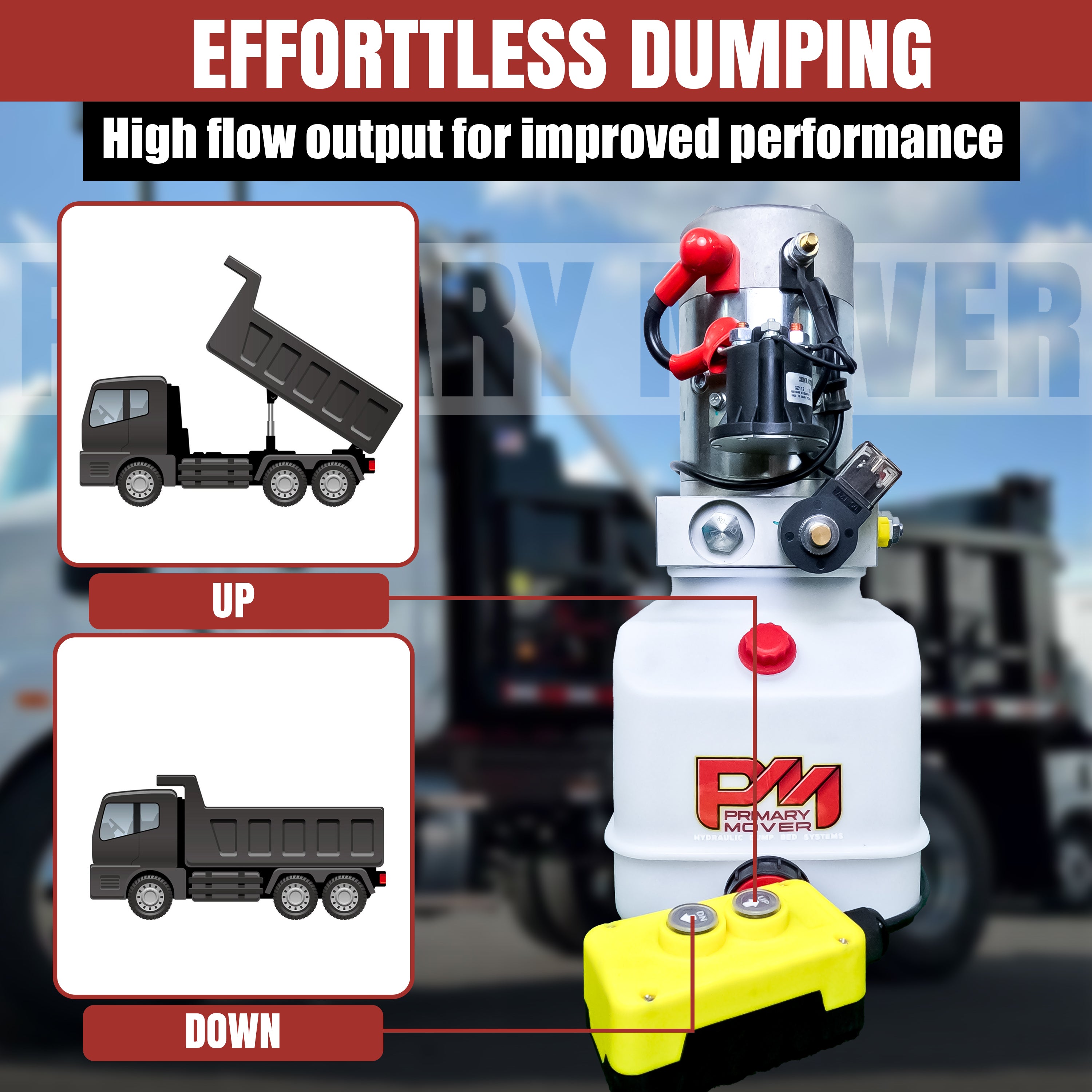 A white and black machine with buttons and a yellow and black object, the Primary Mover 12V Single-Acting Hydraulic Pump features a poly reservoir for efficient hydraulic dump bed systems.