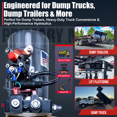 **Title:** KTI 12V Double-Acting Hydraulic Pump - Poly Reservoir

**Meta Description:** Discover the KTI 12V Double-Acting Hydraulic Pump – engineered for dump trucks, trailers, and heavy-duty lifts. Durable, compact, and reliable.

**Alt Text:** Close-up of KTI 12V Double-Acting Hydraulic Pump with fittings and flag label, inset images of dump trailer, vehicle lift, and raised dump truck bed.