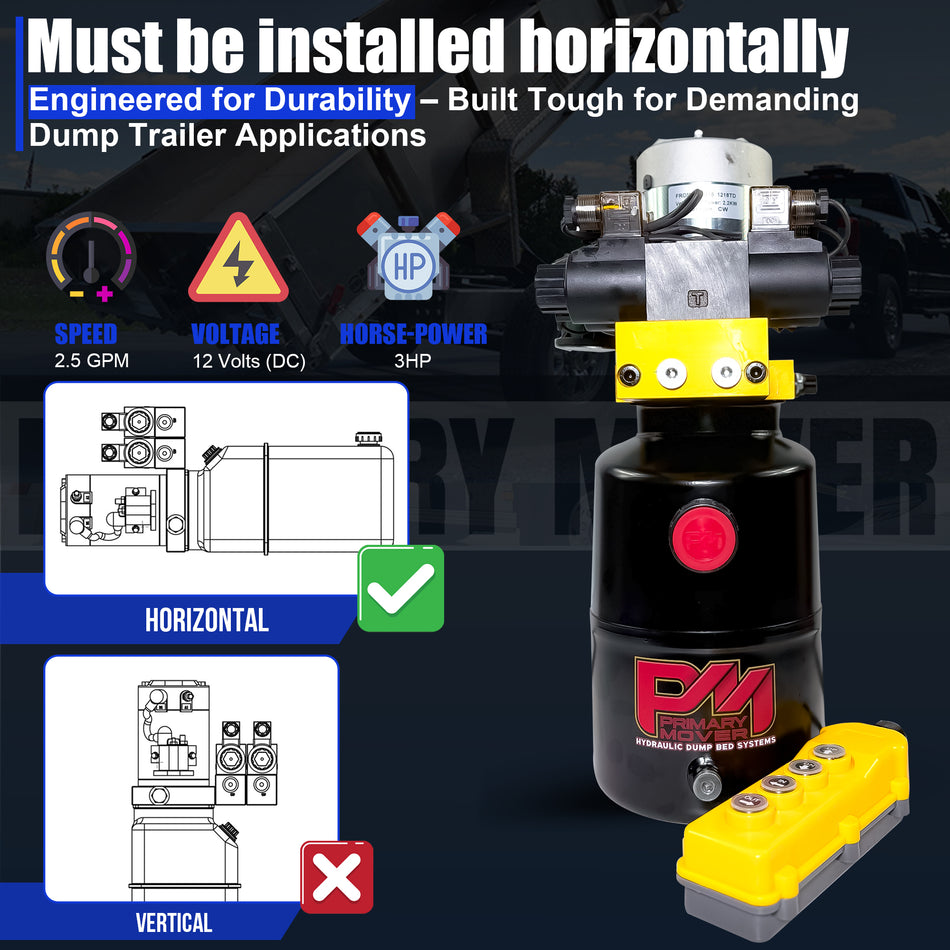 Primary Mover 24V Dual Double-Acting Hydraulic Dump Trailer Pump (Steel) featuring a compact design, dual double configuration for simultaneous hydraulic actions, and user-friendly controls.
