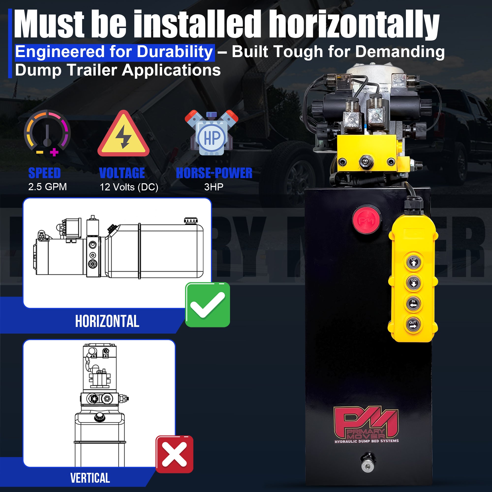 Primary Mover 12Vdc Single Double Pump displayed with control panel and buttons, ideal for telescopic dump trailers and hydraulic systems.