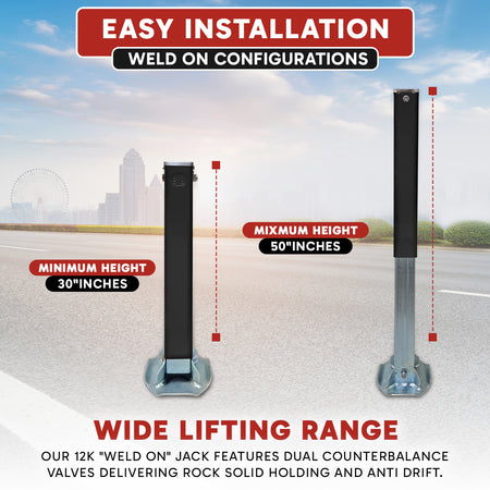 24k Double Hydraulic Trailer Jack Leg Kit on a metal pole, showcasing its robust build for heavy-duty trailers with optional Weld On or Bolt On mounting.