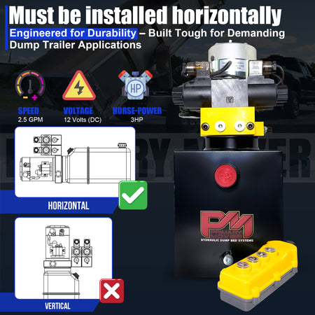 Primary Mover 12V Dual Double-Acting Hydraulic Dump Trailer Pump (Steel) for efficient four-action operation, compact design, and robust construction ideal for dump trailers and trucks.