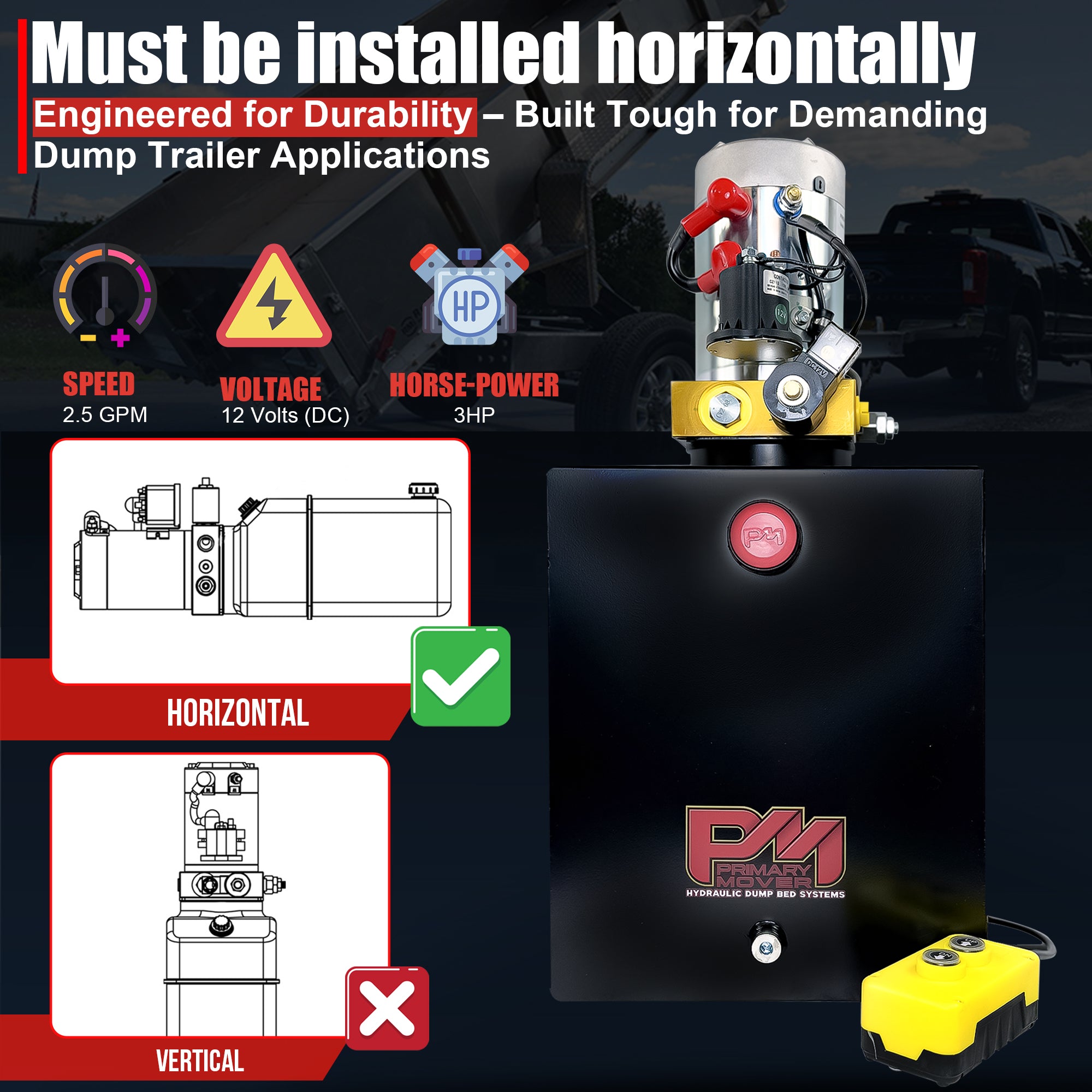 Primary Mover 12V Single-Acting Hydraulic Pump with steel reservoir, featuring a compact design and visible control elements, ideal for heavy-duty hydraulic applications.