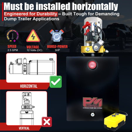 Primary Mover 12V Single-Acting Hydraulic Pump with steel reservoir, featuring a compact design and visible control elements, ideal for heavy-duty hydraulic applications.