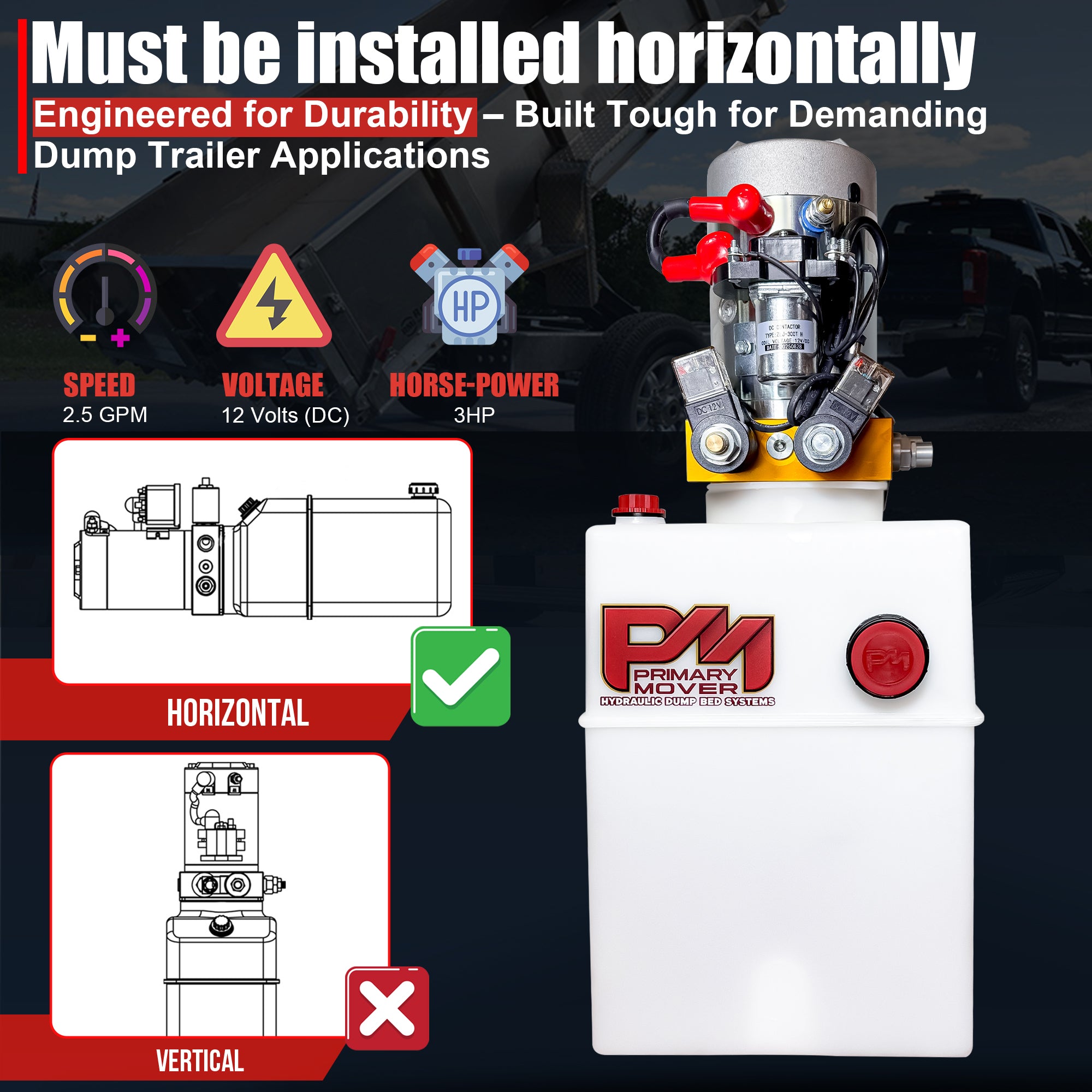 Primary Mover 12V Double-Acting Hydraulic Power Unit – Poly Tanks, 3 HP Motor. Horizontal-only mounting, ideal for dump trailers with power-up/down functions.