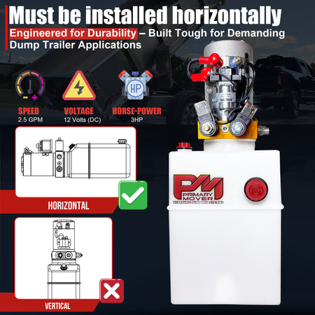 Primary Mover 12V Double-Acting Hydraulic Power Unit – Poly Tanks, 3 HP Motor. Horizontal-only mounting, ideal for dump trailers with power-up/down functions.