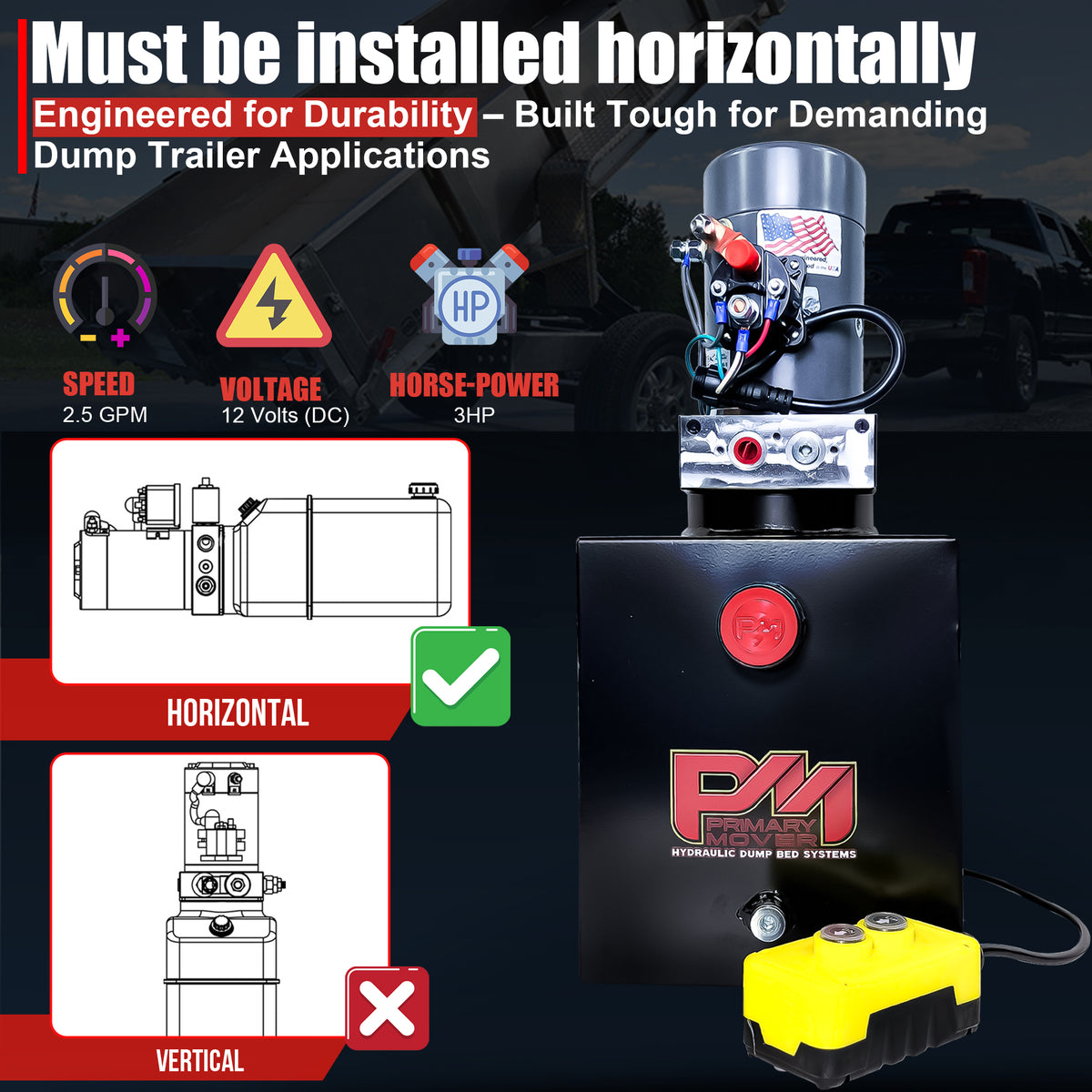 KTI 12V Single-Acting Hydraulic Pump with Steel Reservoir, depicted with a logo and schematic, optimized for hydraulic dump bed systems with efficient, durable design.
