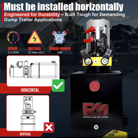Primary Mover 12V Double-Acting Hydraulic Pump with steel reservoir, featuring red buttons, tailored for hydraulic dump bed systems, ensuring precision and reliability.