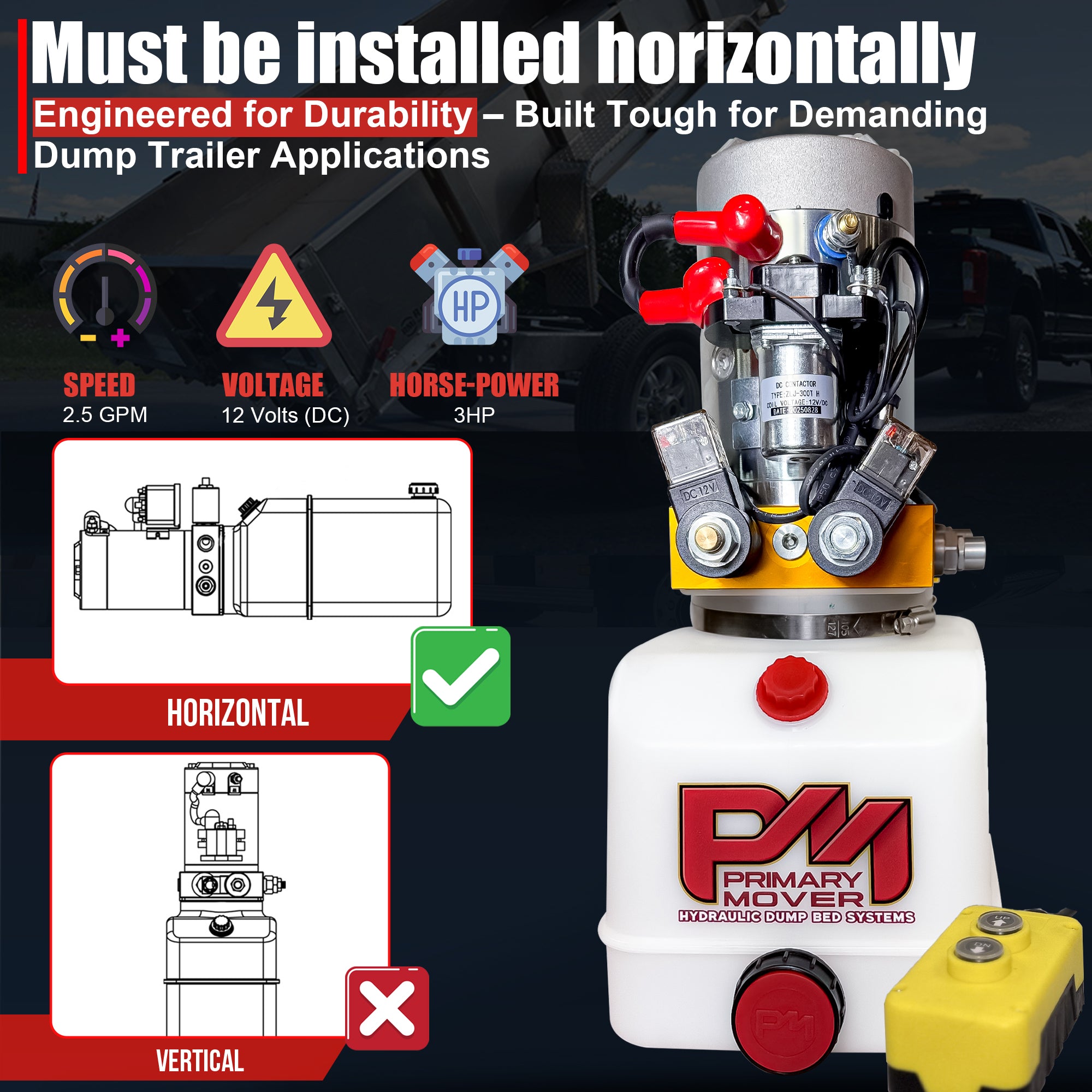 Primary Mover 12V Double-Acting Hydraulic Power Unit – Poly Tanks, 3 HP Motor

Durable hydraulic unit with 3 HP motor, solenoid, valve block, and tank. Engineered for horizontal mounting in demanding trailer applications.